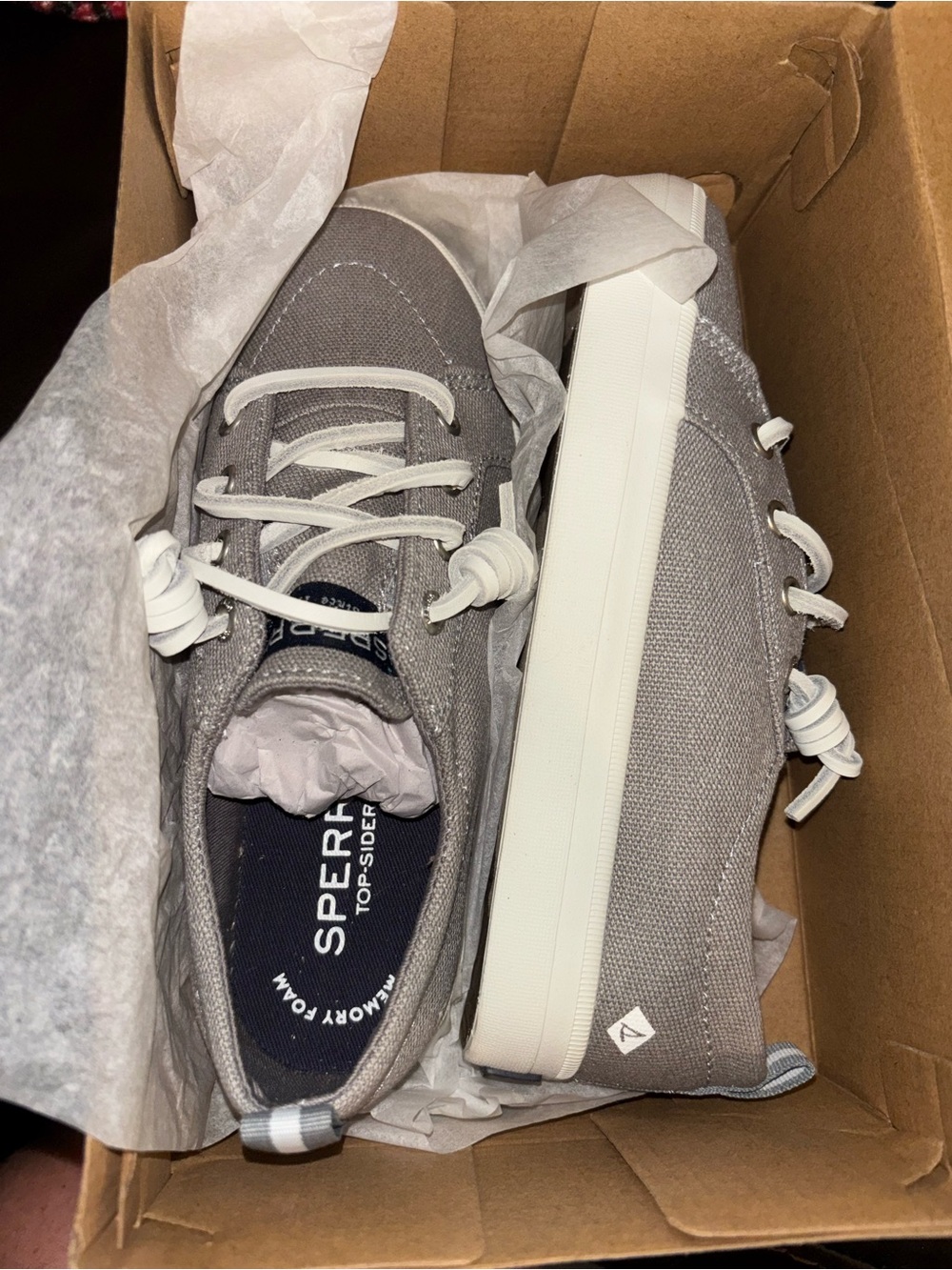 Girls ( kids) Sperry Gray Canvas Boat Shoes with White Soles New.